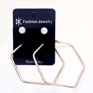 NEW LOT/Set 2 Pair Stud PEARL & ROSE GOLD HEXAGON Hoop Earrings